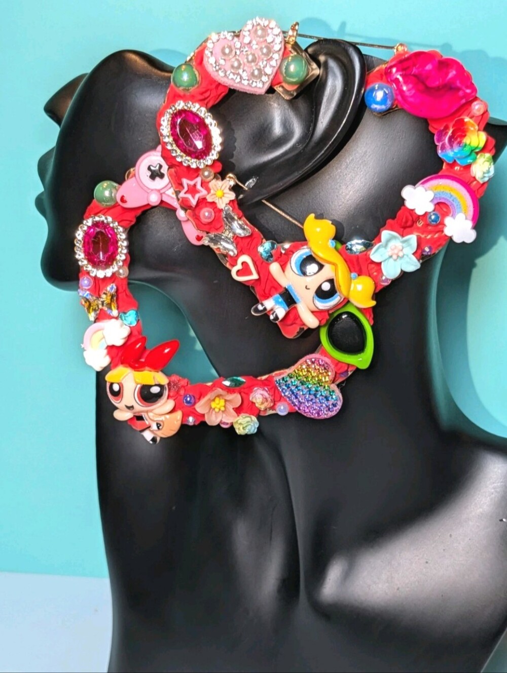 Hand Crafted Decoden Red & Multicolor Xl Cartoon Statement Gem Hoop Earrings